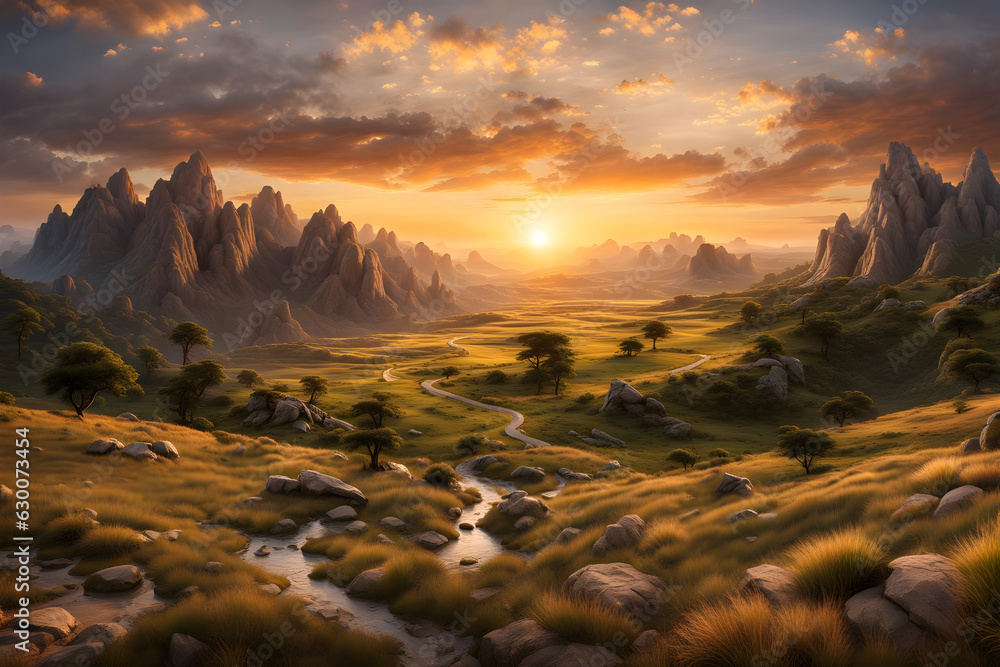 amazing fantasy game landscape at sunset - generative ai