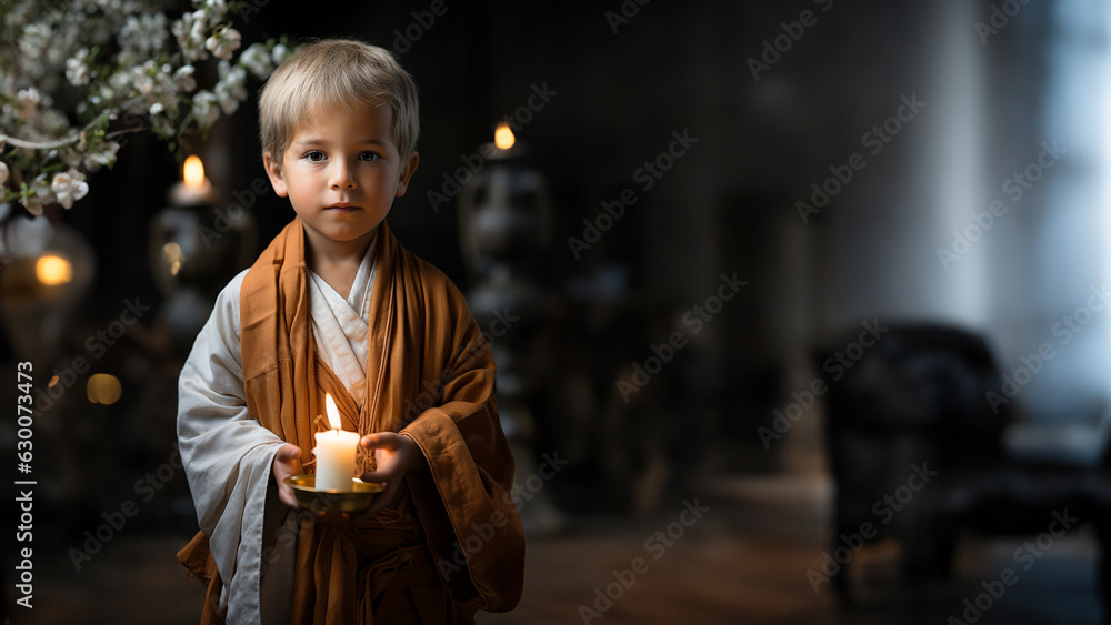 Kleiner Junge Buddhist mit vielen Kerzen im dunklen Licht, ai generativ