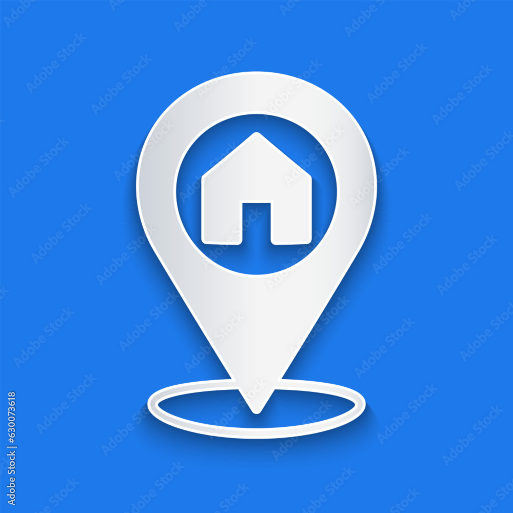 Paper cut Map pointer with house icon isolated on blue background. Home location marker symbol. Paper art style. Vector Paper cut Map pointer with house icon isolated on blue background. Home location marker symbol. Paper art style. Vector