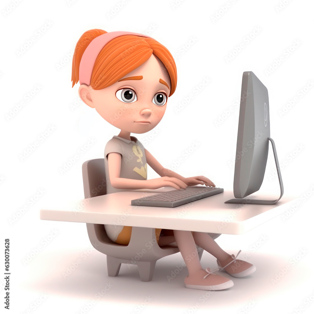 Drawing in the style of 3D cartoon. Girl at the computer. Drawing in the style of 3D cartoon. Girl at the computer.