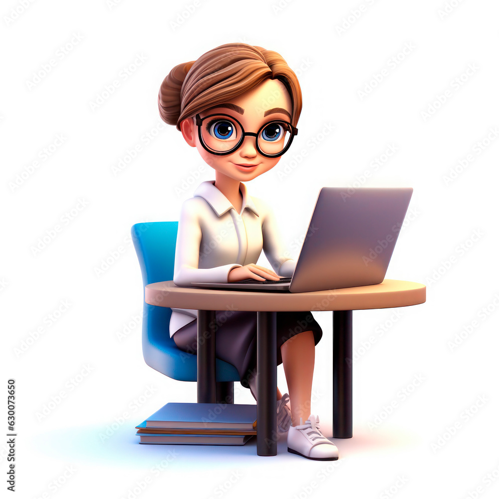 Drawing in the style of 3D cartoon. Girl at the computer. Drawing in the style of 3D cartoon. Girl at the computer.