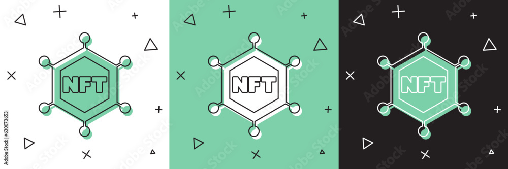 Set NFT blockchain technology icon isolated on white and green, black background. Non fungible token. Digital crypto art concept. Vector - obrazy, fototapety, plakaty 
