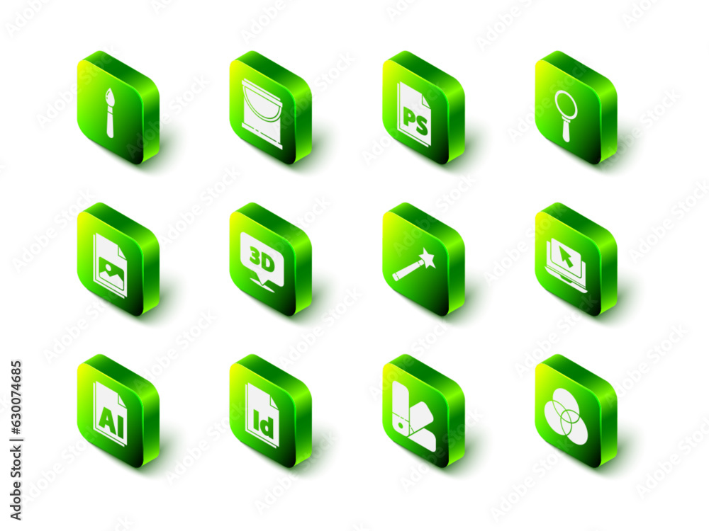 Set Paint bucket, PS File document, Magnifying glass, Laptop and cursor, RGB CMYK color mixing, Magic wand, Color palette guide and ID icon. Vector Set Paint bucket, PS File document, Magnifying glass, Laptop and cursor, RGB CMYK color mixing, Magic wand, Color palette guide and ID icon. Vector