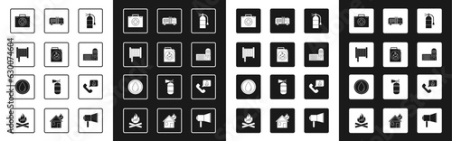 Set Fire extinguisher, Canister for flammable liquids, hose reel, First aid kit, Building of fire station, truck, Telephone with emergency call 911 and Water drop icon. Vector