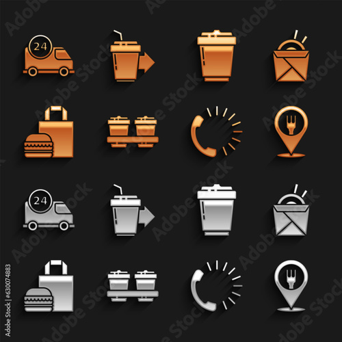 Set Coffee cup to go, Asian noodles and chopsticks, Cafe restaurant location, Food ordering, Online burger delivery, Fast by car and icon. Vector