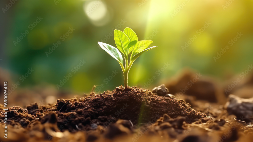 Growing Seedling with Morning Sunshine on Green Bokeh Background, AI generated Growing Seedling with Morning Sunshine on Green Bokeh Background, AI generated