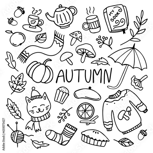 Vector graphic hand drawn doodle autumn set. Cozy hygge autumn doodle sketch element for design and printing