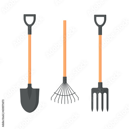 Shovel and rake and pitchfork icon or sign isolated on white background. gardening tools design. vector illustration.