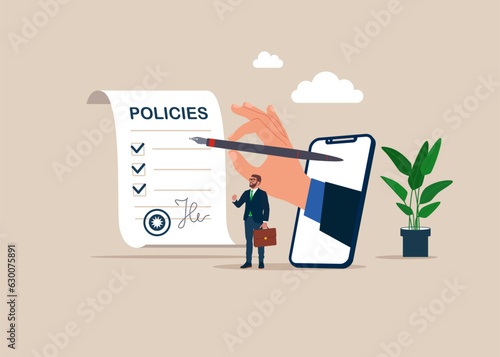 Hand holding pen with company policy document and business briefcase. Vector illustration.