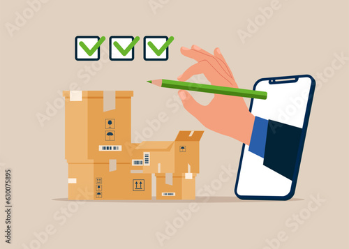 Checking inventory, quality control to ensure product delivery. Vector illustration