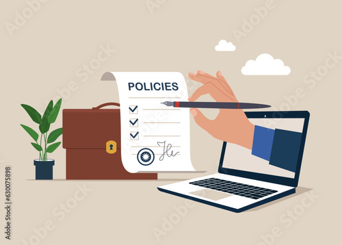 Holding pen with company policy document and business briefcase. Vector illustration.
