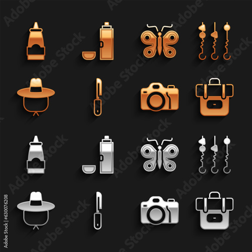 Set Knife, Grilled shish kebab on skewer, Hiking backpack, Photo camera, Camping hat, Butterfly, Sauce bottle and Thermos container icon. Vector