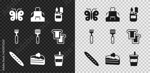 Set Butterfly, Kitchen apron, Lighter, French baguette bread, Piece of cake, Paper glass with water, Fork and Spatula icon. Vector