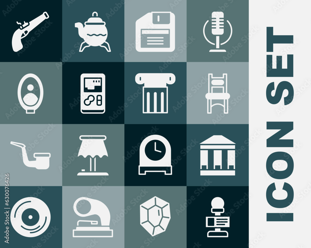 Set Microphone, Museum building, Chair, Floppy disk, Portable video game console, Portrait picture museum, Vintage pistol and Ancient column icon. Vector Set Microphone, Museum building, Chair, Floppy disk, Portable video game console, Portrait picture museum, Vintage pistol and Ancient column icon. Vector