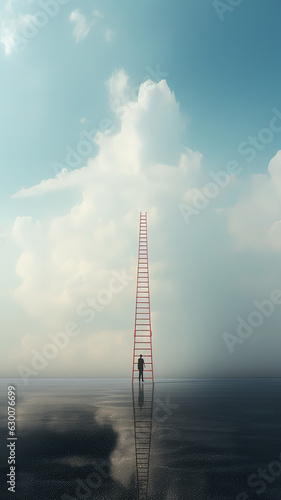 Vertical picture of a silhouette of a man staying by a ladder to heavens. Dreamy atmosphere. Concept for heaven, dying, going to the other side, losing loved ones.
