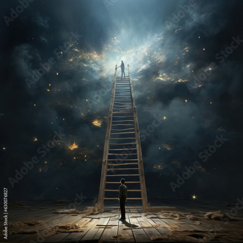 Vertical picture of a silhouette of a man staying by a ladder to heavens. Dreamy atmosphere. Concept for heaven, dying, going to the other side, losing loved ones.