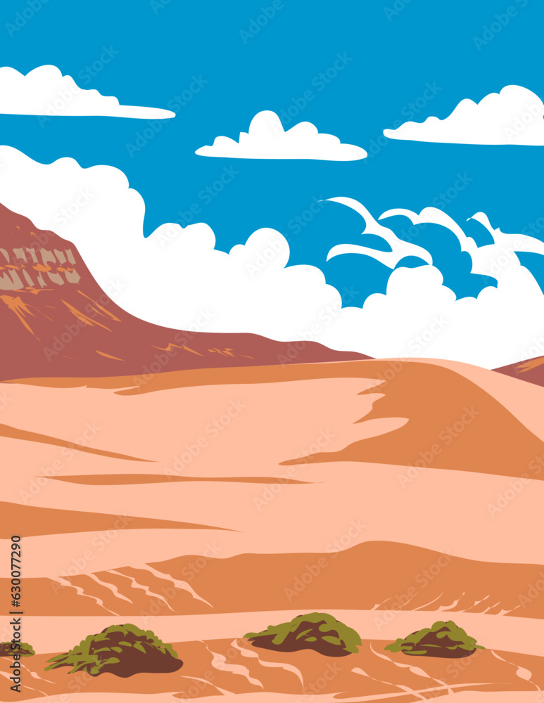 WPA poster art of Coral Pink Sand Dunes State Park between Mount Carmel Junction and Kanab in Kane County in southwestern Utah, United States done in works project administration or Art Deco style.