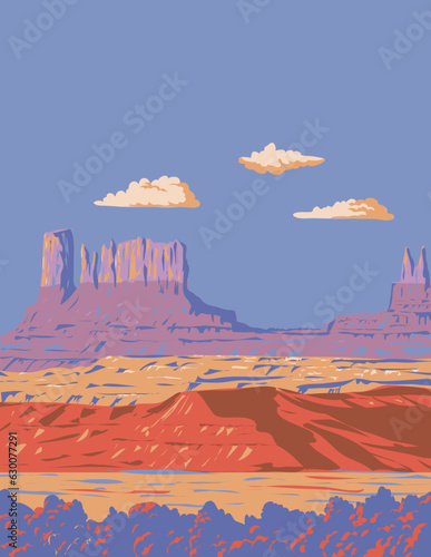 WPA poster art of Monument Valley Navajo Tribal Park in the Colorado Plateau region in the Utah and Arizona state line in the United States done in works project administration or Art Deco style.
