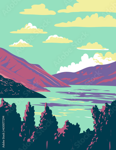 WPA poster art of Deer Creek State Park located in Charleston, Wasatch County in the southwest corner of the Heber Valley Utah, United States done in works project administration or Art Deco style. photo