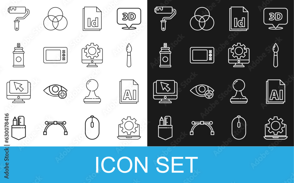 Set line Laptop and gear, AI file document, Paint brush, ID File, Graphic tablet, spray can, roller and Computer monitor icon. Vector