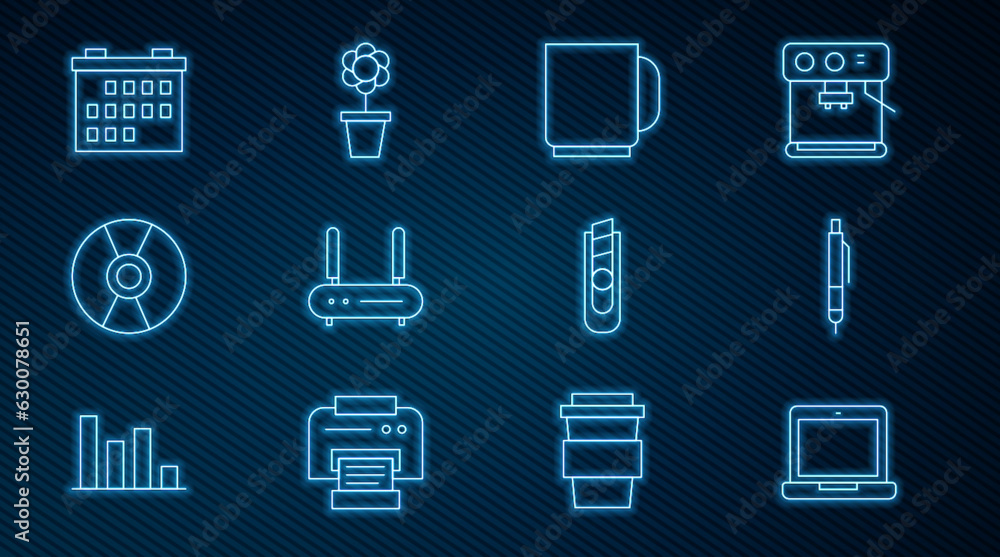 Set line Laptop, Pen, Coffee cup, Router and wi-fi signal, CD or DVD disk, Calendar, Stationery knife and Flower in pot icon. Vector Set line Laptop, Pen, Coffee cup, Router and wi-fi signal, CD or DVD disk, Calendar, Stationery knife and Flower in pot icon. Vector