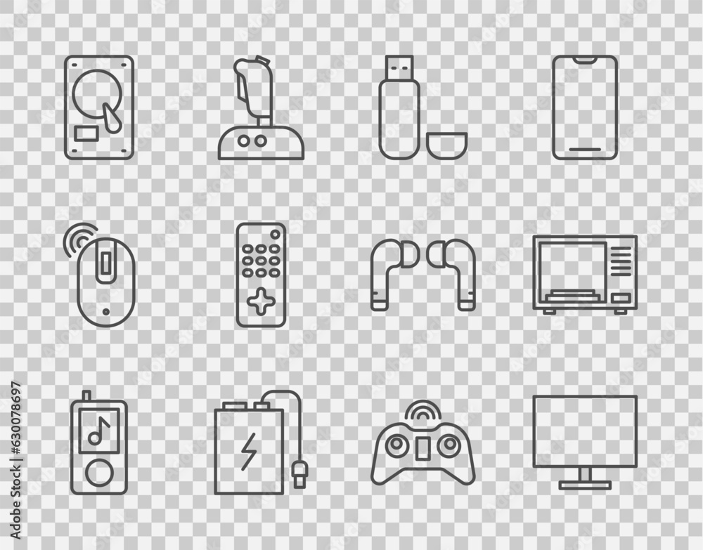 Set line Music player, Computer monitor screen, USB flash drive, Power bank with charge cable, Hard disk HDD, Remote control, Wireless gamepad and Microwave oven icon. Vector Set line Music player, Computer monitor screen, USB flash drive, Power bank with charge cable, Hard disk HDD, Remote control, Wireless gamepad and Microwave oven icon. Vector