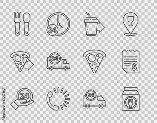 Set line Clock 24 hours, Online ordering and delivery, Coffee cup to go, Food, Fork spoon, Fast by car, and Paper financial check icon. Vector