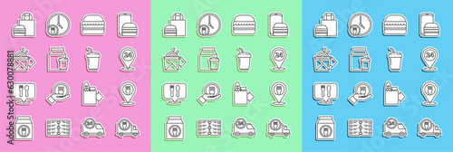 Set line Fast delivery by car, Cafe and restaurant location, Round the clock, Burger, Online ordering, noodles, burger and Coffee cup to go icon. Vector