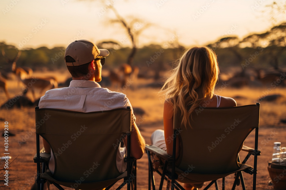 Fototapeta premium A couple sitting on camp chairs on safari impala in the distance sunset golden 