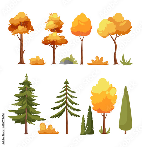 Autumn forest tree and green bush. Vector set of vegetation bushes, garden grass and pine trees. Cartoon icon for landscape park, backyard. Summer or fall plant, shrub with branches and leaves