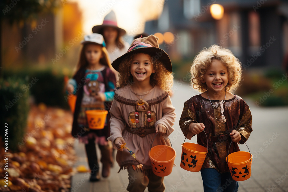 TrickorTreaters, kids in colorful costumes going doortodoor for