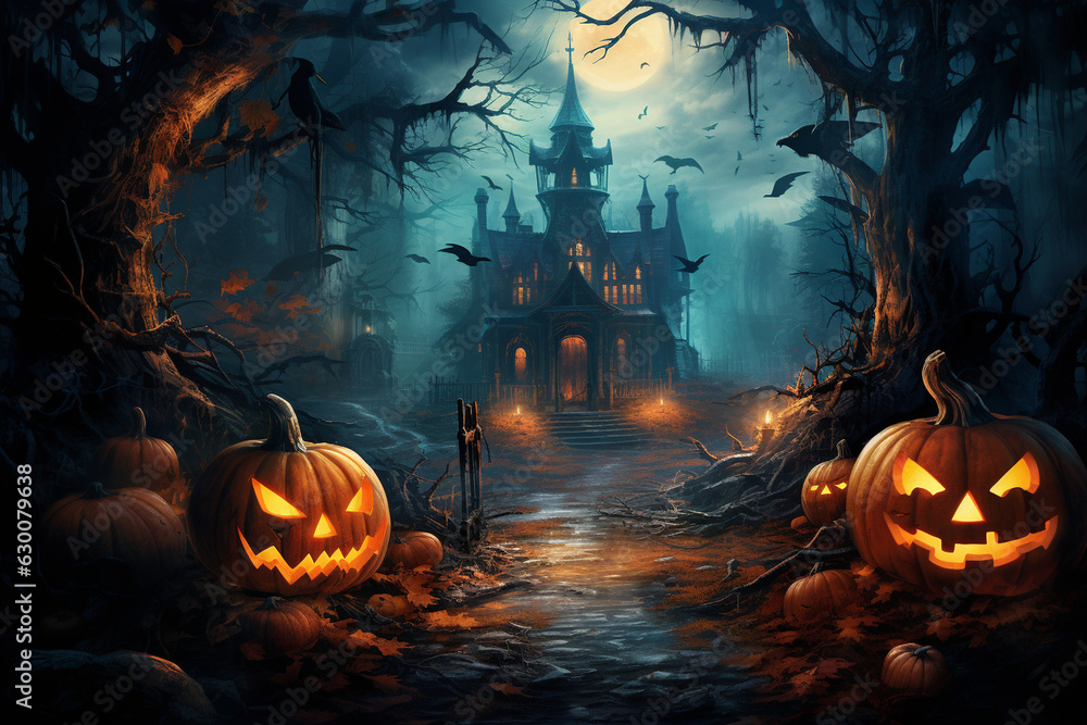 Spooky Haunted House at dusk, with fog creeping around and pumpkins lining the pathway, Halloween Generative AI