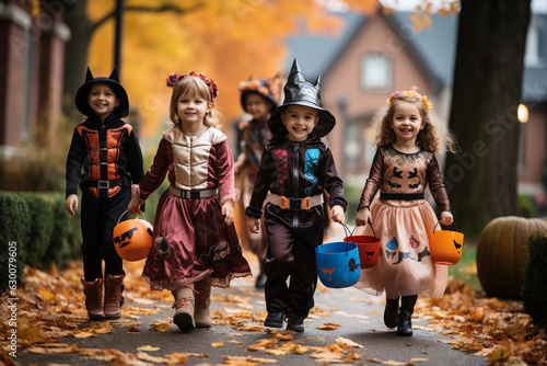 Trick-or-Treaters, kids in colorful costumes going door-to-door for trick-or-treating, with smiles and candy-filled buckets, Halloween Generative AI