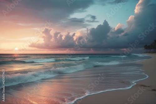 Closeup sea sand beach. Panoramic beach landscape. Inspire tropical beach seascape. Pink and blue sunset sky calmness tranquil relaxing sunlight summer mood. Vacation travel holiday banner