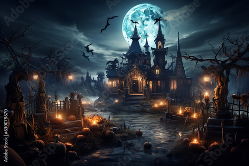 a Halloween graveyard scene with tombstones, skeletons, and eerie moonlight Generative AI