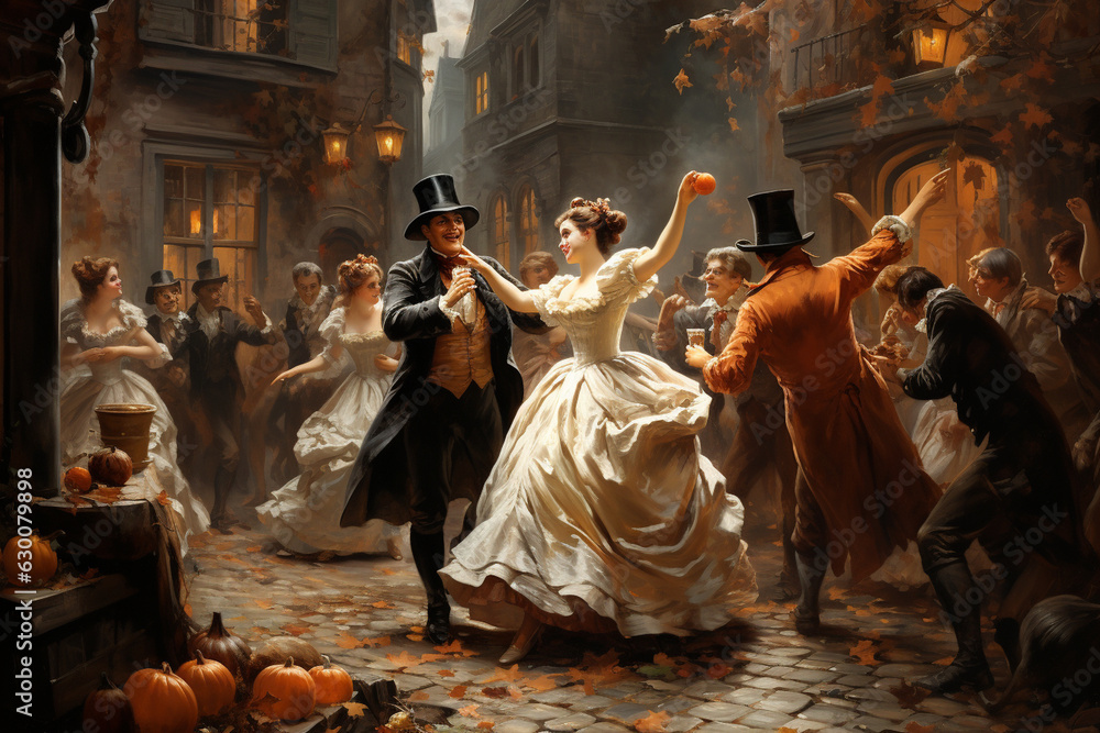 a Halloween party with people dancing, playing games, and enjoying the festivities in their costumes Generative AI