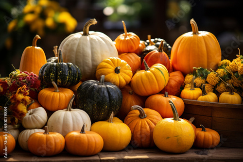 pumpkins at a farmer's market, with pumpkins of different colors and arrangements Generative AI