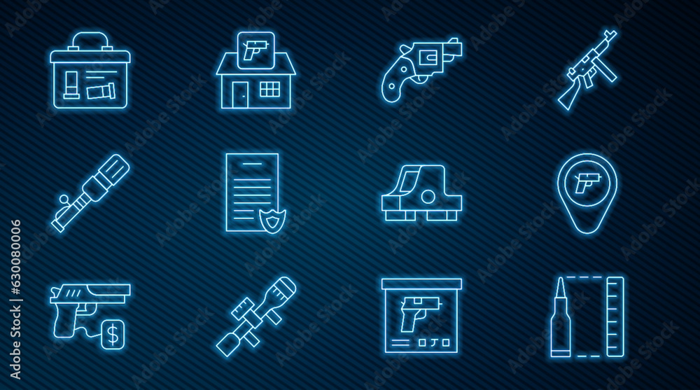 Set line Bullet, Location with weapon, Small gun revolver, Firearms license certificate, Anti-tank hand grenade, Military ammunition box, Collimator sight and Hunting shop icon. Vector Set line Bullet, Location with weapon, Small gun revolver, Firearms license certificate, Anti-tank hand grenade, Military ammunition box, Collimator sight and Hunting shop icon. Vector