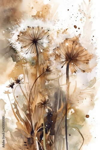 Dandelions in pastel colors watercolor style light beige autumn tones and shades drawing painted with paints abstract nature illustration