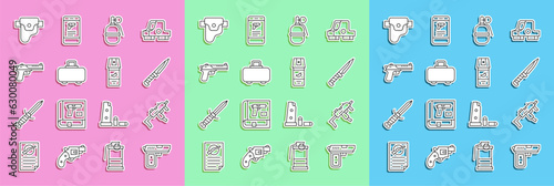 Set line Pistol or gun, MP9I submachine, Military knife, Hand grenade, Weapon case, Desert eagle, Gun holster and Pepper spray icon. Vector