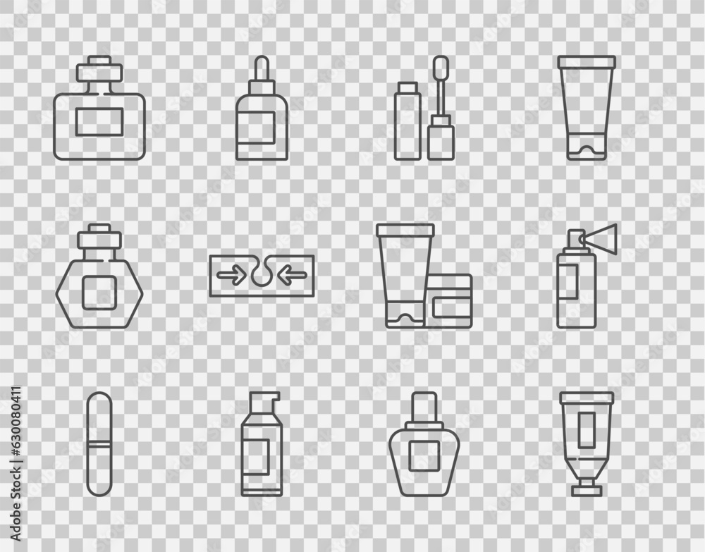 Set line Nail file, Cream or lotion cosmetic tube, Mascara brush, Spray can for hairspray, Perfume, Acne, and icon. Vector Set line Nail file, Cream or lotion cosmetic tube, Mascara brush, Spray can for hairspray, Perfume, Acne, and icon. Vector