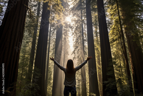 Deep into an ancient redwood forest  a woman standing tall  stretching her arms towards the sky  mimicking the towering trees around her  soft ambient light