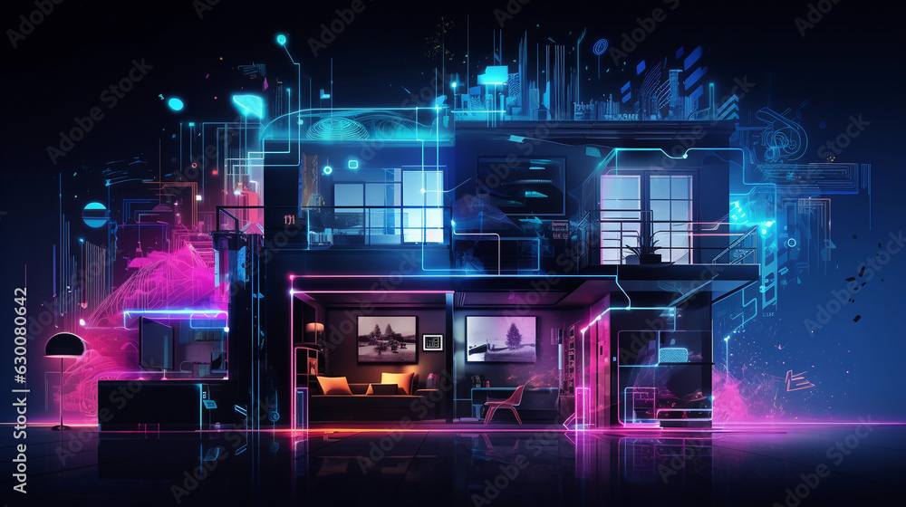 a modern smart home, vibrant neon lines forming interconnected smart devices, highlighting interconnectivity, energetic, digital, cyberpunk vibes, dynamic composition on a dark background a modern smart home, vibrant neon lines forming interconnected smart devices, highlighting interconnectivity, energetic, digital, cyberpunk vibes, dynamic composition on a dark background
