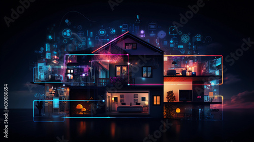 a modern smart home, vibrant neon lines forming interconnected smart devices, highlighting interconnectivity, energetic, digital, cyberpunk vibes, dynamic composition on a dark background