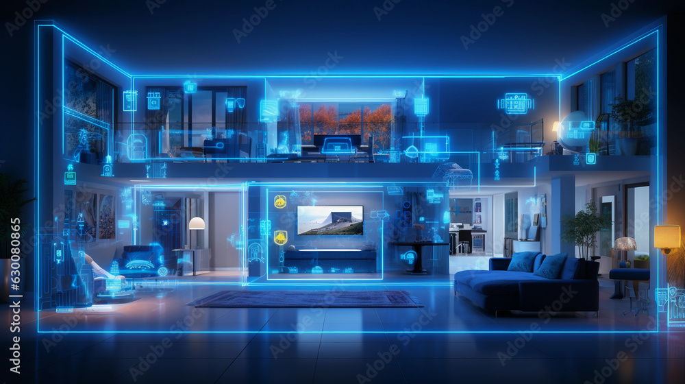 Cybernetic vision of home automation, showcasing smart appliances, interconnected grid layout, holographic style