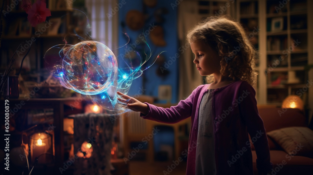 Naklejka premium child controlling home automation with a magic wand, fantasy style, vibrant colors, whimsical, soft focus, shot with a medium format camera