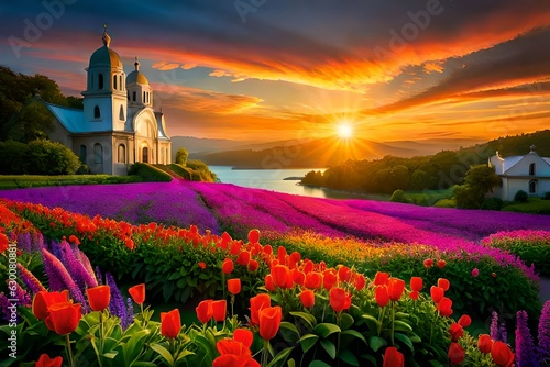 tulip field and church
