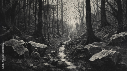 Monochromatic representation of forest bathing, shades of grey, white and black, emphasis on the texture of the bark, leaves, and stones, dramatic contrast, etching technique