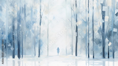 Winter forest bathing, surrealistic white forest, figure standing alone, snow - covered trees, silent serenity, white and blue palette, minimalistic, a blend of abstract expressionism and cubism, digi