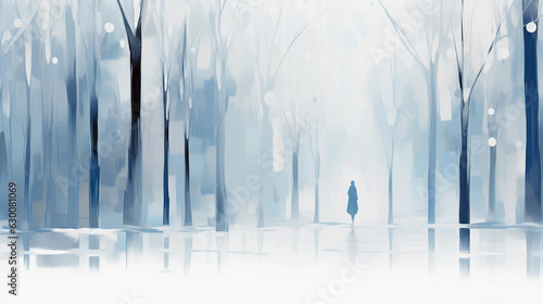 Winter forest bathing  surrealistic white forest  figure standing alone  snow - covered trees  silent serenity  white and blue palette  minimalistic  a blend of abstract expressionism and cubism  digi
